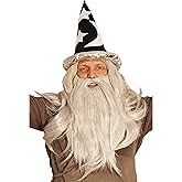 HandinHandCreations Adult Wizard Wig and Long Beard with Wizard Merlin Sorcerer Costume Hat - All Included