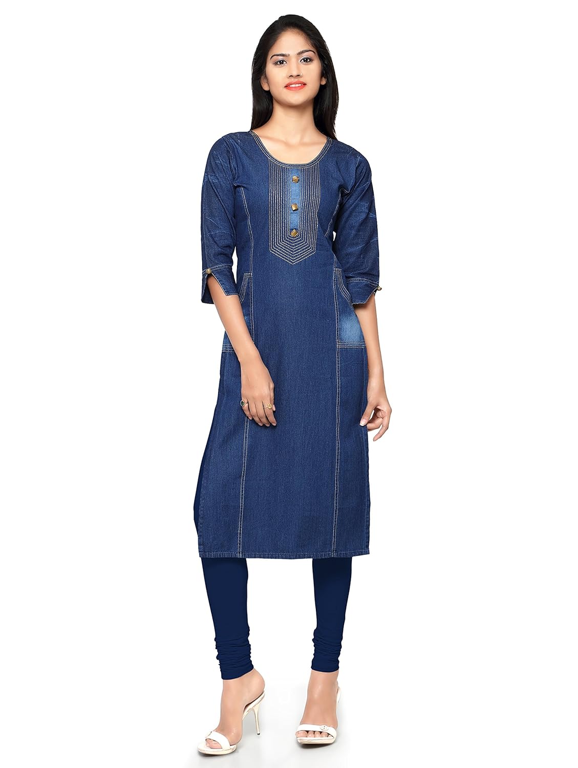 Buy CEFALU Printed denim kurti straight fit mandarin collar front button  down and full cuffed sleeves for women Online at Best Prices in India -  JioMart.