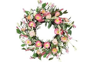 Floribus Summer Wreaths for Front Door Silk Pink Flower Wreath with Roses Poppies Lavender 18" Artificial Door Wreath for Front Door Outside for Spring Summer Indoor Outdoor Farmhouse Front Porch Deco