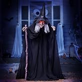 JOYIN Outdoor Halloween Decorations Animatronics Witch with Cane, Life Size Animated Ghost Haunted House Prop D&eacute;cor with Creepy Sound and Light-up Eyes, Party Supplies