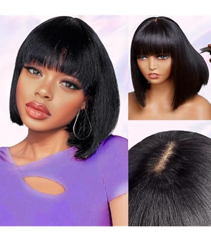 Amazon.com : ManeMajesty 16 Inch Straight Bob Wig with Bangs  display picture 3