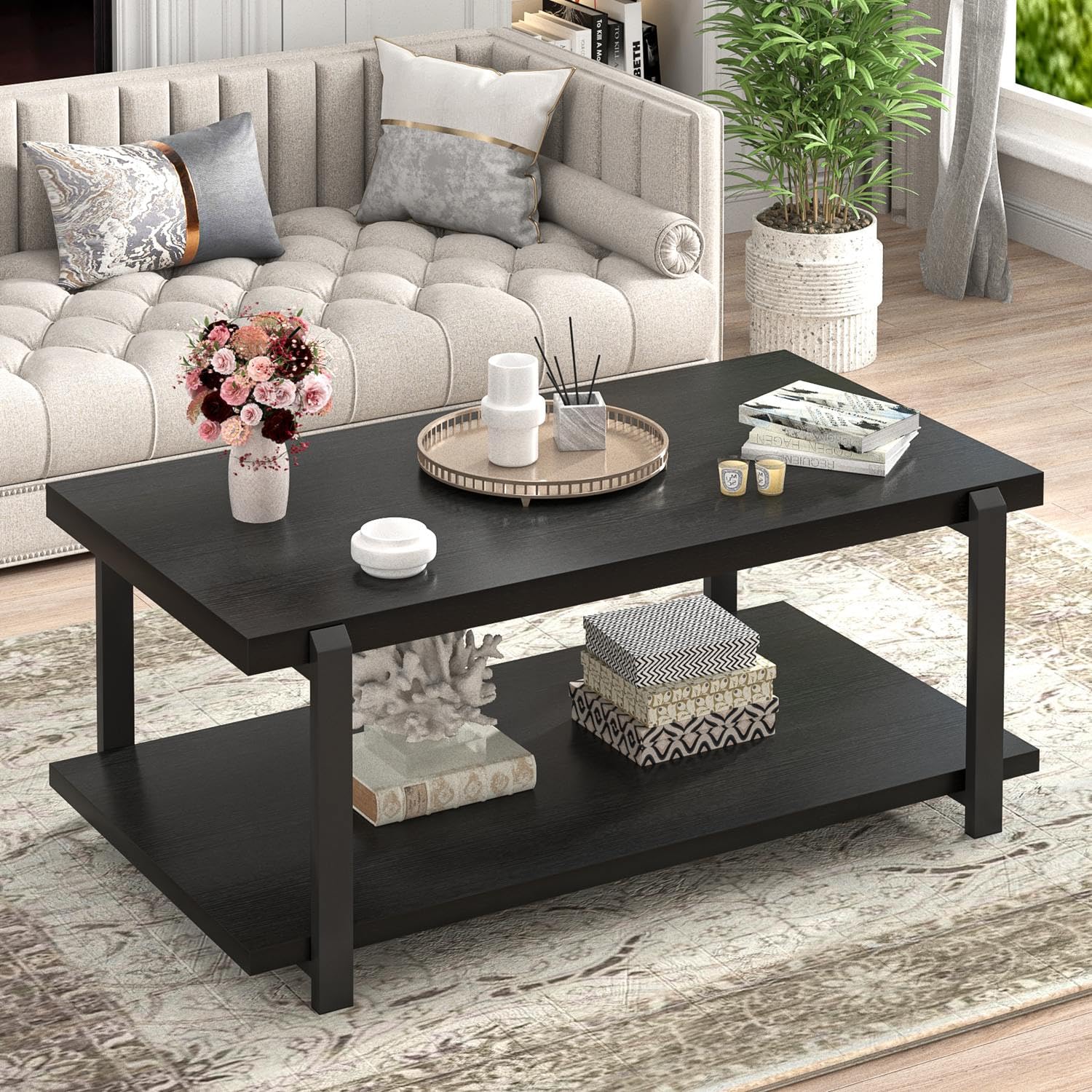 Photo 1 of FOLUBAN Black Coffee Table, Modern Rustic Wood Center Table with Storage for Living Room, Industrial Rectangle 2 Tier Cocktail Tea Table, Black Oak