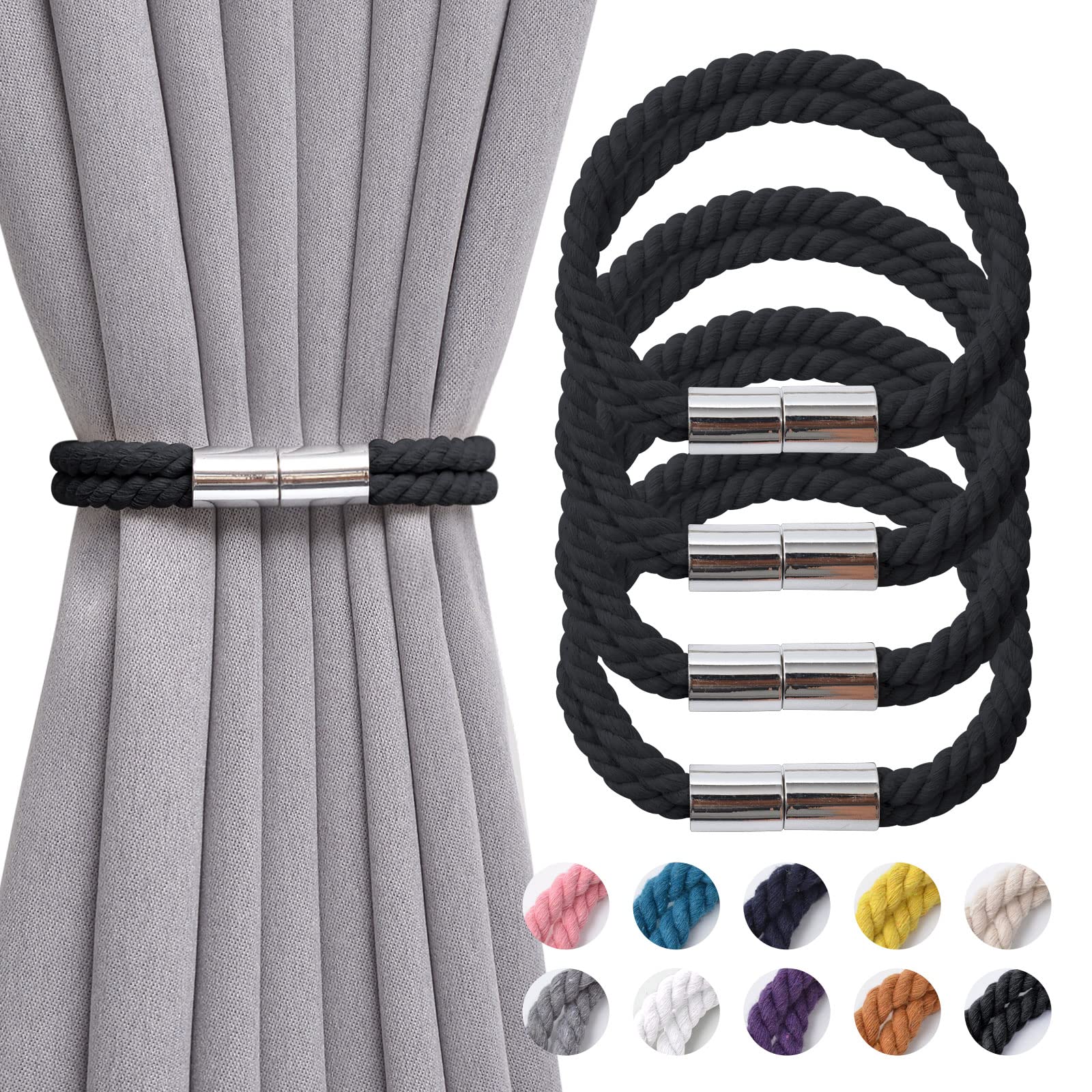 Pretty Jolly 4 Pack Strong Magnetic Curtain Tiebacks Boho Decoration Drape Tie Backs Natural Cotton Handmade Double Rope Curtain Holdbacks for Thin or Thick Home & Office Window Drapery (Black)