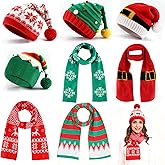 8PCS Christmas Knitted Hat and Santa Scarf Set, Elf Hat Crochet Christmas Scarf, Xmas Party Hats with Pompom, Knitted Caps for Adult Teens XAMS Photo Booth Props XAMS Gift Xmas Costume Accessories