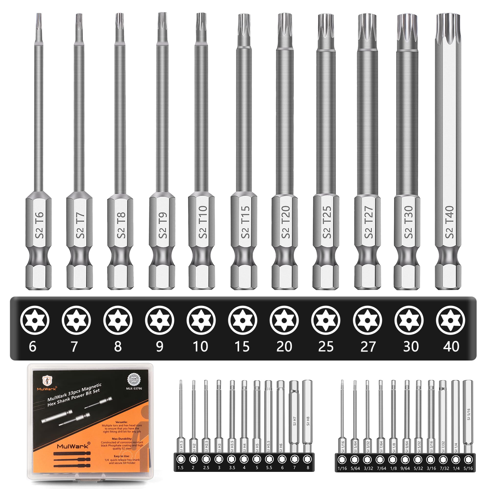 Photo 1 of MulWark Hex Head Allen Wrench Drill Bit Set 33pcs (Metric, SAE, Tamperproof Torx), 2.3" Long 1/4" Diameter Quick Release Shank Magnetic Screwdriver Bit Set for Assembling Furniture