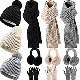 ShinyMatch 12 Pcs Winter Hat Gloves Scarf Earmuff Set Beanie Pompom Fleece Lining Hat Touch Screen Gloves Knitted Scarf