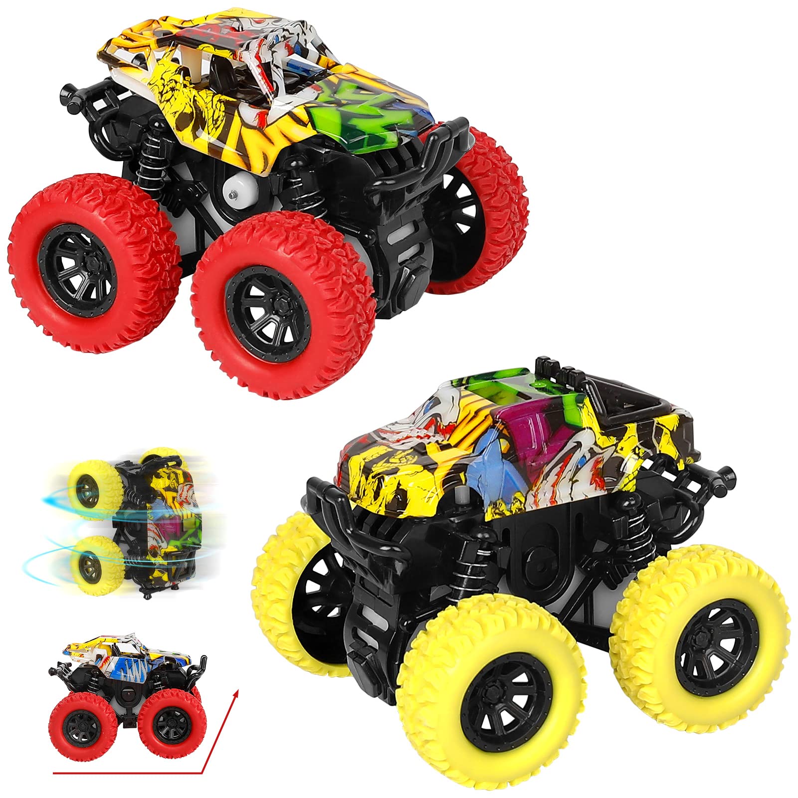 Monster Truck Toys for Ages 2-4, Friction Cars for Toddlers 1-3 Push and Go 360° Rotating Stunt Car for 2+ Year Old Boys Girls Gifts (2 Pack - Red and Yellow)