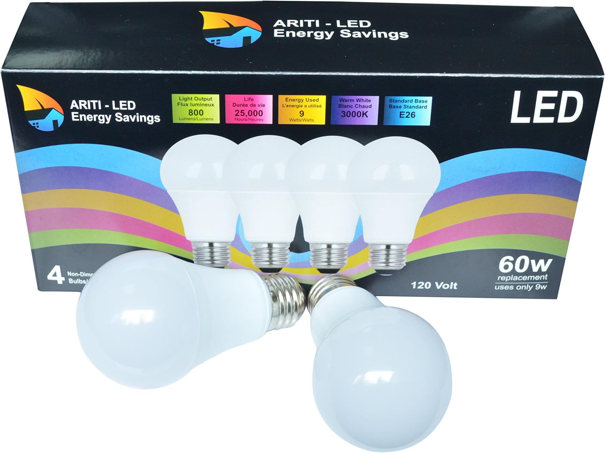 ARITI LED 9W(60W) 800 Lumen LED Light Bulb, 3000K Soft White - 4 Pack