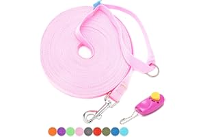 BAAPET 15 ft 20 ft 30 ft 50 ft 100 ft Long Dog Training Leash for Dog Training, Play, Camping, or Backyard Lead with Training Clickers for Small, Medium and Large Dogs or Cats (100 Feet, Pink)