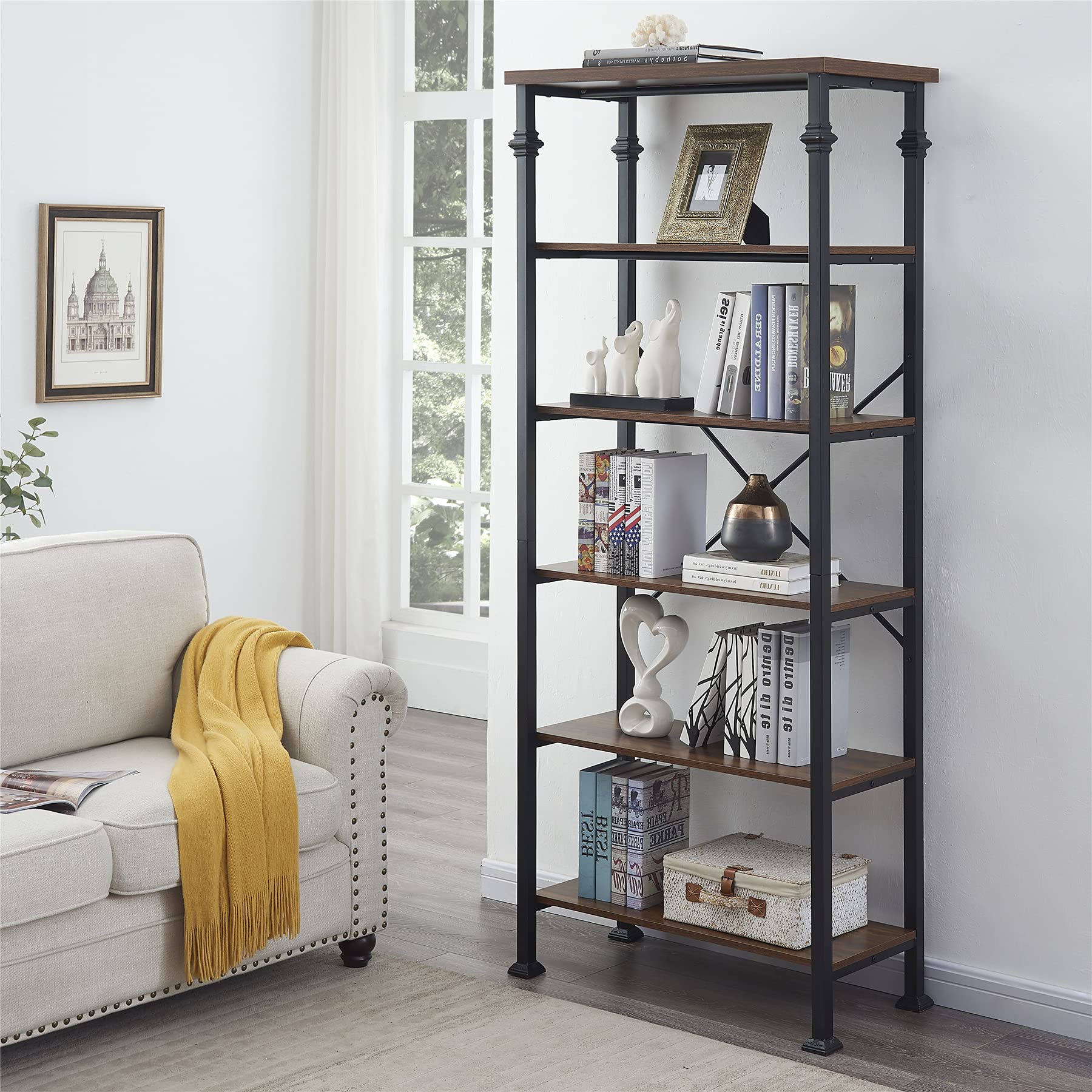 Hombazaar 6-Tier Bookshelf,Modern Industrial Metal Bookcase Display Rack and Storage Organizer for Living Room Bedroom, 76 inches High,Brown
