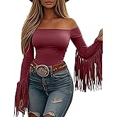 ZEXIGLAD Off The Shoulder Fringe Tops for Women Western Cowgirl Outfits Stretchy Fall Long Sleeve Crop Tassel Shirts Y2K