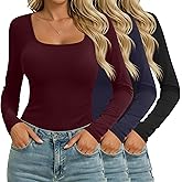 Ficerd 3 Pack Square Neck Tops for Women Long Sleeve Going Out Slim Fit Shirts Basic Tees 2026 Winter Y2k Clothes