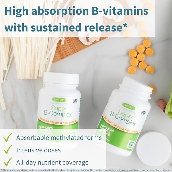 IGENNUS SUPER B-COMPLEX METHYLATED B VITAMINS, SUSTAINED RELEASE, CLEAN LABEL, MTHFR SUPPLEMENT WITH METHYLFOLATE & B12 METHYLCOBALAMIN, VEGAN, LAB VERIFIED, 60 SMALL TABLETS