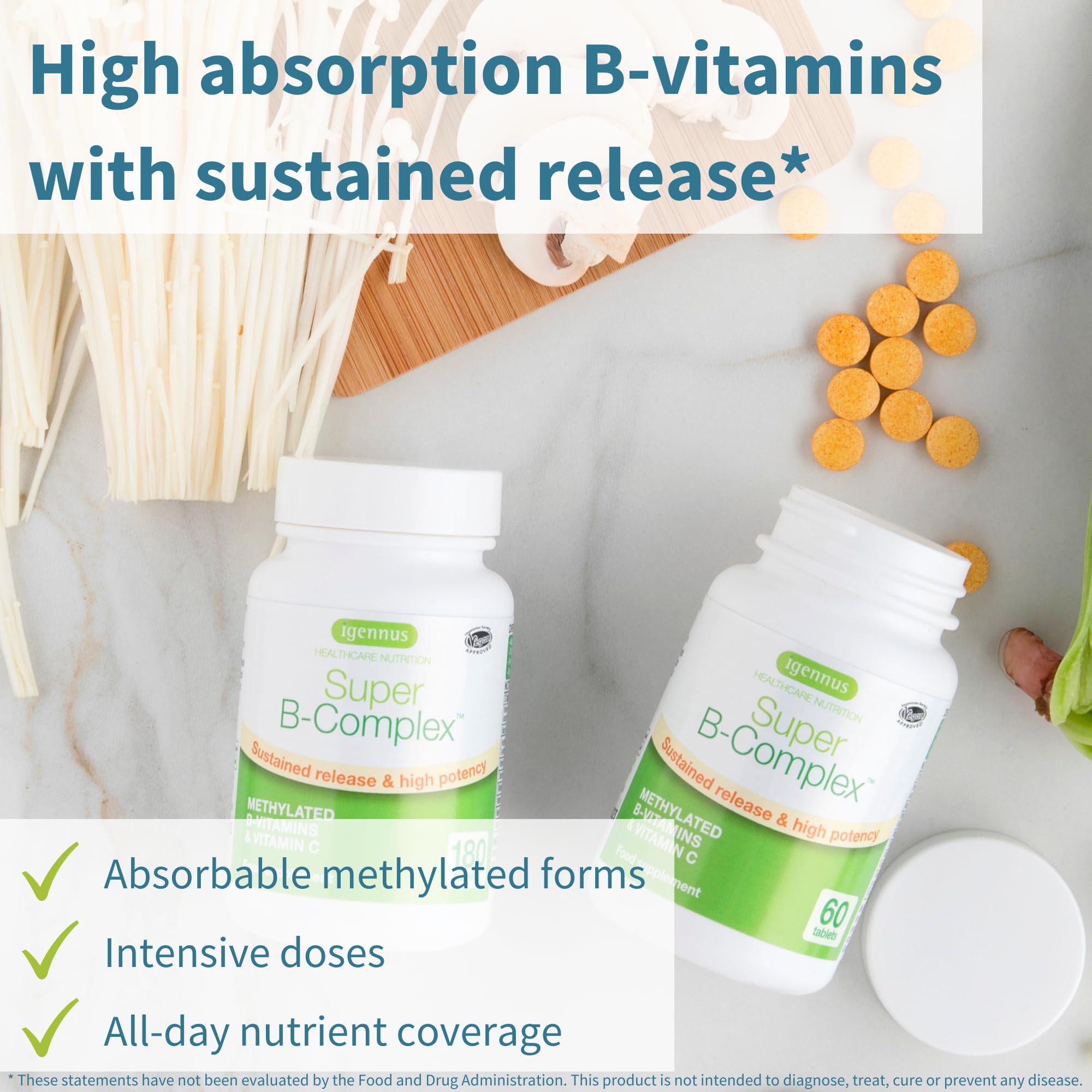 Igennus Super B-Complex Methylated B Vitamins, All Day Nutrient Delivery, Clean Label, MTHFR Supplement with Methylfolate & B12 Methylcobalamin, Vegan, Lab Verified, 60 Small Tablets