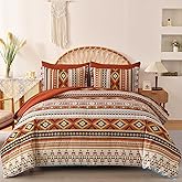 Dinjoy Queen Size Comforter Set Boho,Burnt Orange Bed in a Bag Queen Striped Bedding Sets Fall Terracotta Comforters with Sheets 7 Pieces Complete Set Aztec for All Season 90"x90"
