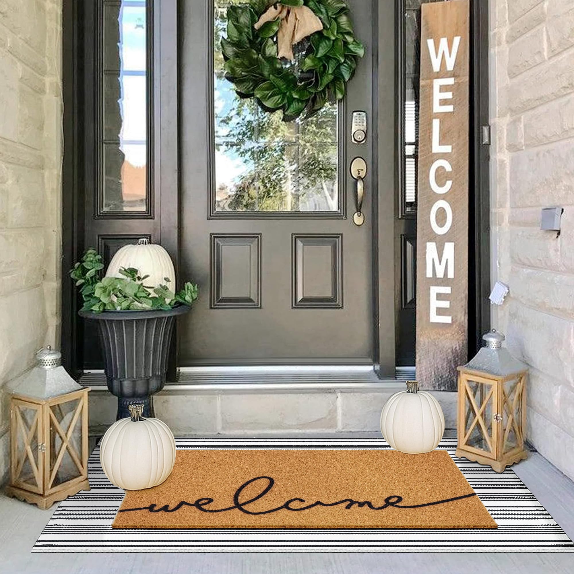 Photo 1 of 2 Pcs Summer Door Mat, Coco Coir Welcome Doormat with Black and White Striped Mats, Extra Thick & Non-Slip Backing for Farmhouse Front Porch Entryway, Seasonal Layered Porch Décor Floor Mat (Welcome)