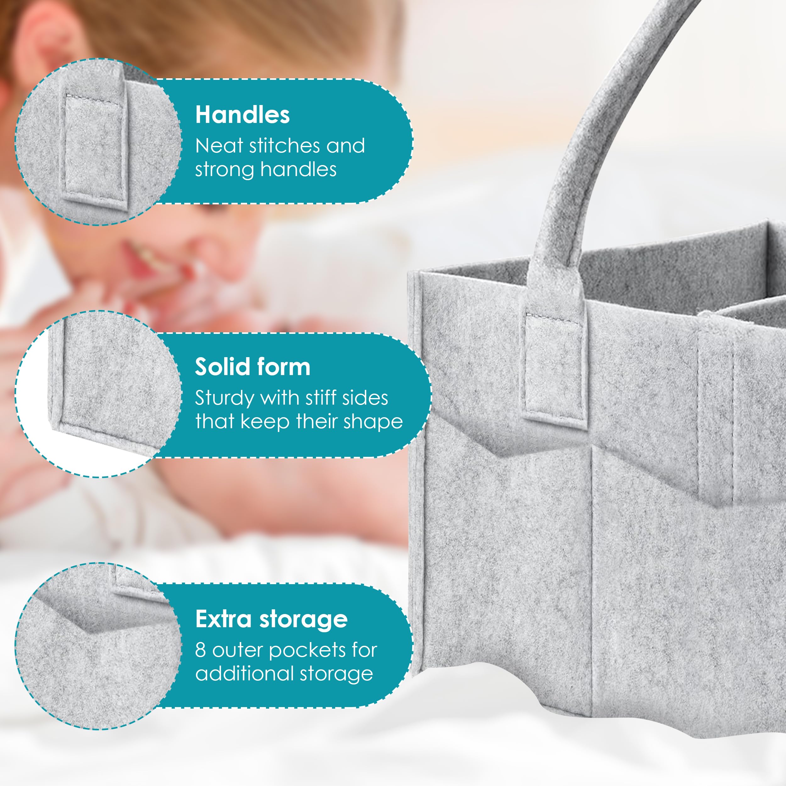 Cute Castle 2 Pack Diaper Caddy Organizer - Portable Baby Caddy Organizer with Handle, Nursery Storage Bin and Car Organizer for Girls, Boys - Baby Gift Basket - Grey