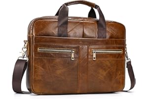 SAIION Genuine Leather Briefcase for Men, Laptop Computer Shoulder Bag With Strap, 15.6 Inch Business Travel Work Handbag