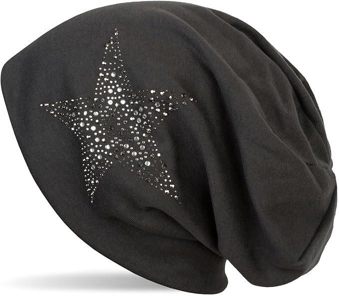 styleBREAKER Beanie Mütze mit Strass Nieten Stern und Schmucksteine in Silber-anthrazit Farben, Slouch Longbeanie, Unisex 040
