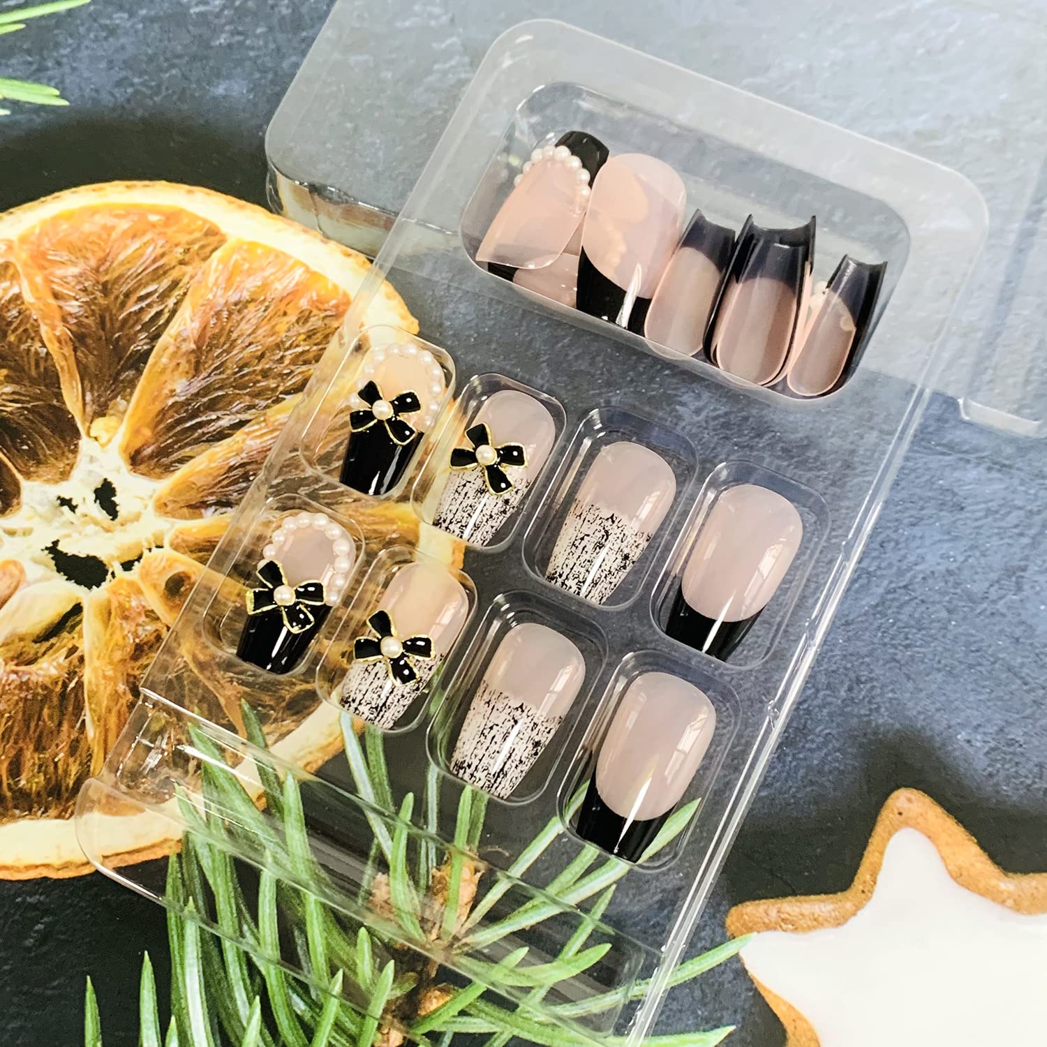 24Pcs Artificial Acrylic Fake Nails With Black Pearl Bow Designs - Full Cover Reusable Coffin Shape Press On Nails - Medium Length, Women's Glue On Stick On Nails For Nail Art - Image 5