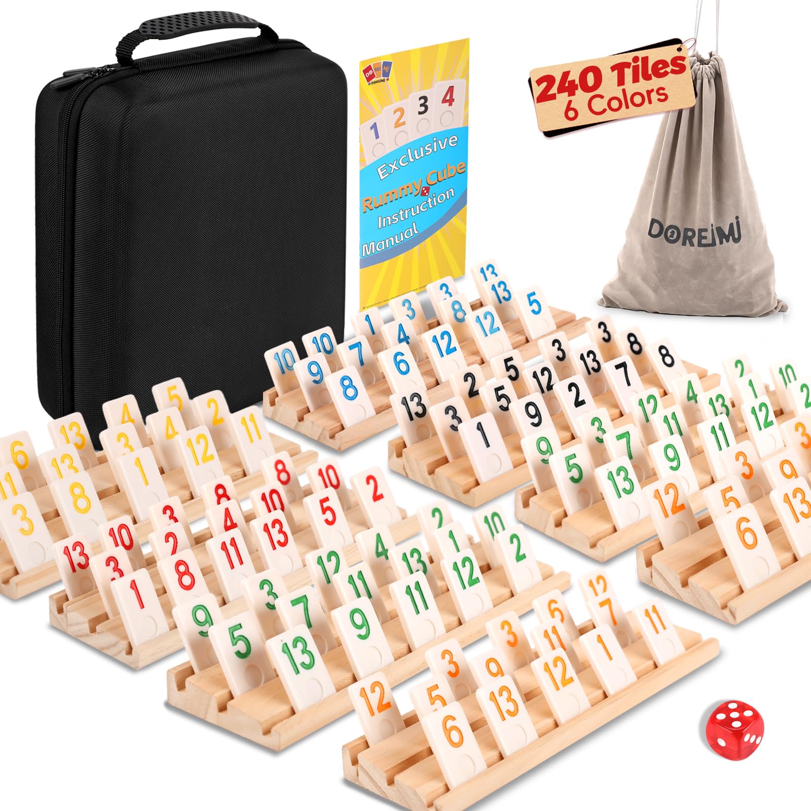 Doreimi Deluxe Rummy Cube Game Set 6-8 Players with 8 Wooden Racks and 240 Melamine Rummy Tiles, Travel Family Board Game for Adults and Kids Age 8+,Birthday Gifts for Women Men Dad Mom