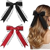 Classicseali 2pcs Bow for Hair, Lace Bows, Cute Laces Red and Black Bow Hair Clip, Ribbon Hairs Clip for Wedding Halloween Gothic Dress Decor Accessories Gift