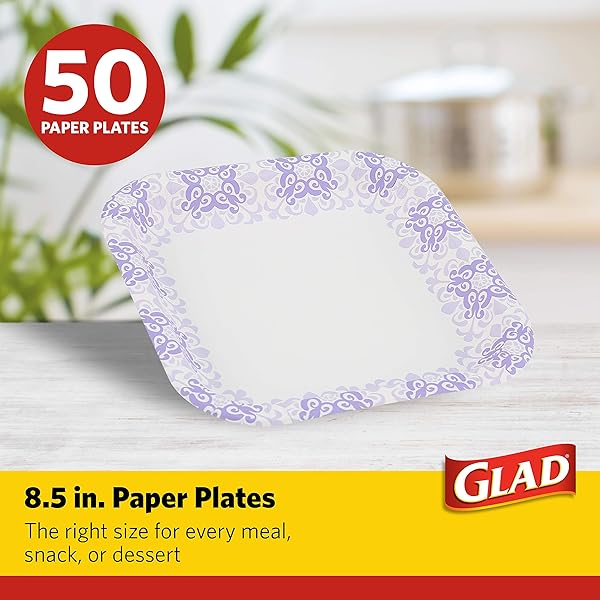 GLAD SQUARE DISPOSABLE PAPER PLATES FOR ALL OCCASIONS | SOAK PROOF, CUT PROOF, MICROWAVEABLE HEAVY DUTY DISPOSABLE PLATES | 8.5″ DIAMETER, 50 COUNT BULK PAPER PLATES