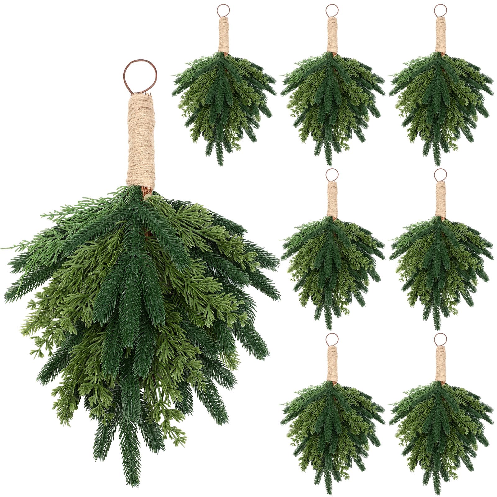 Photo 1 of Zomiboo 8 Pcs Christmas Greenery Swag with Eucalyptus Mixed Pine Artificial Teardrop Xmas Wreath Garland Ceder Branches Teardrop Needles Swag Winter for Christmas Mantle (Cedar Pine Needle)