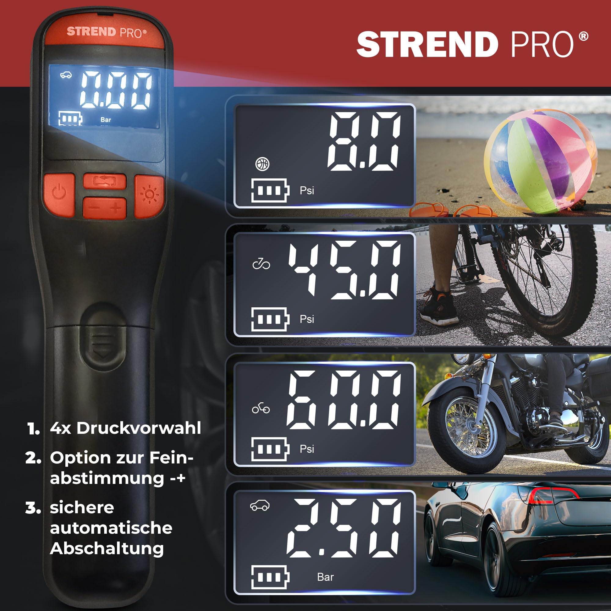 STREND PRO Mini Kompressor 10Bar | Akku Luftpumpe Auto 150PSI | LED | AUTOSTOP | Mobiler Mehrzweckkompressor - Fahrrad Pumpe, Autoreifen Akku Kompressor tragbar, Elektrische Ballpumpe | Luftkompressor 2