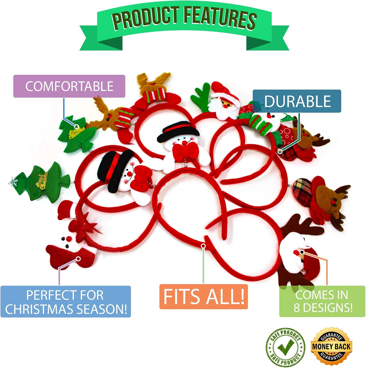 THE TWIDDLERS, 8 Christmas Headbands in Assorted Xmas Designs, Christmas Hats for Kids & Adults, Stocking Filler, Fancy Dress - Image 3