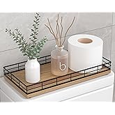 Toilet Paper Basket Organizer – Acacia Wood Toilet Tank Tray with Metal Frame, Back of Tank or Top Bathroom Counter Storage – Black & Acacia Modern Decor