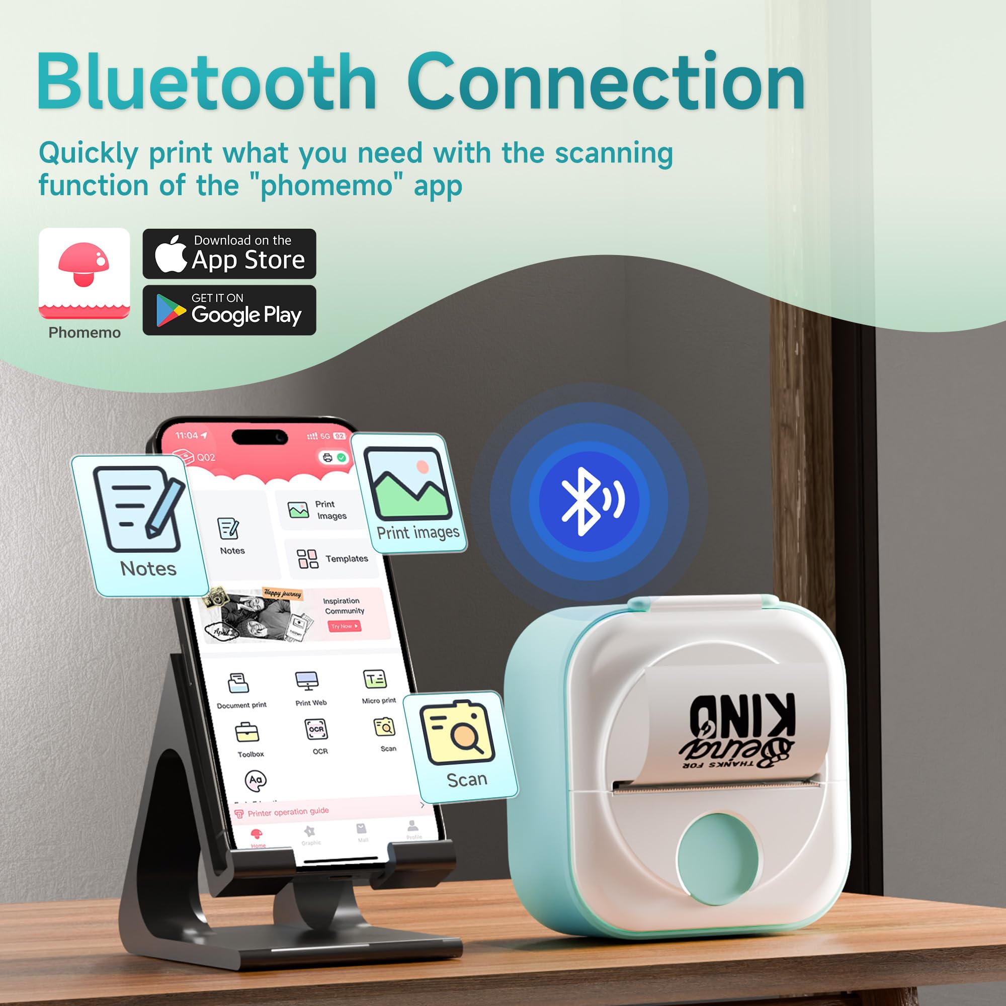 Phomemo Q02 Mini Drucker, Tiny Printer für Studium, Notizen, Bilder, Fotos, Tagebücher, Heimwerken, Sticker Drucker Kompatibel mit Telefon & Tablet, Handy Druckers mit 3 Rollen Papier, Grün 3