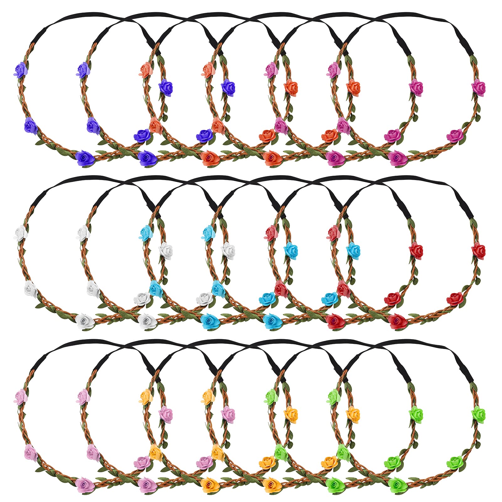 18 Pcs Flower Crown Headband,Multicolor Floral Hair Bands Wreath,Adjustable Garland with Elastic Ribbon,Boho Halo Headpiece for Girls Women Wedding Festival Holiday Party,Seaside Photo Accessories