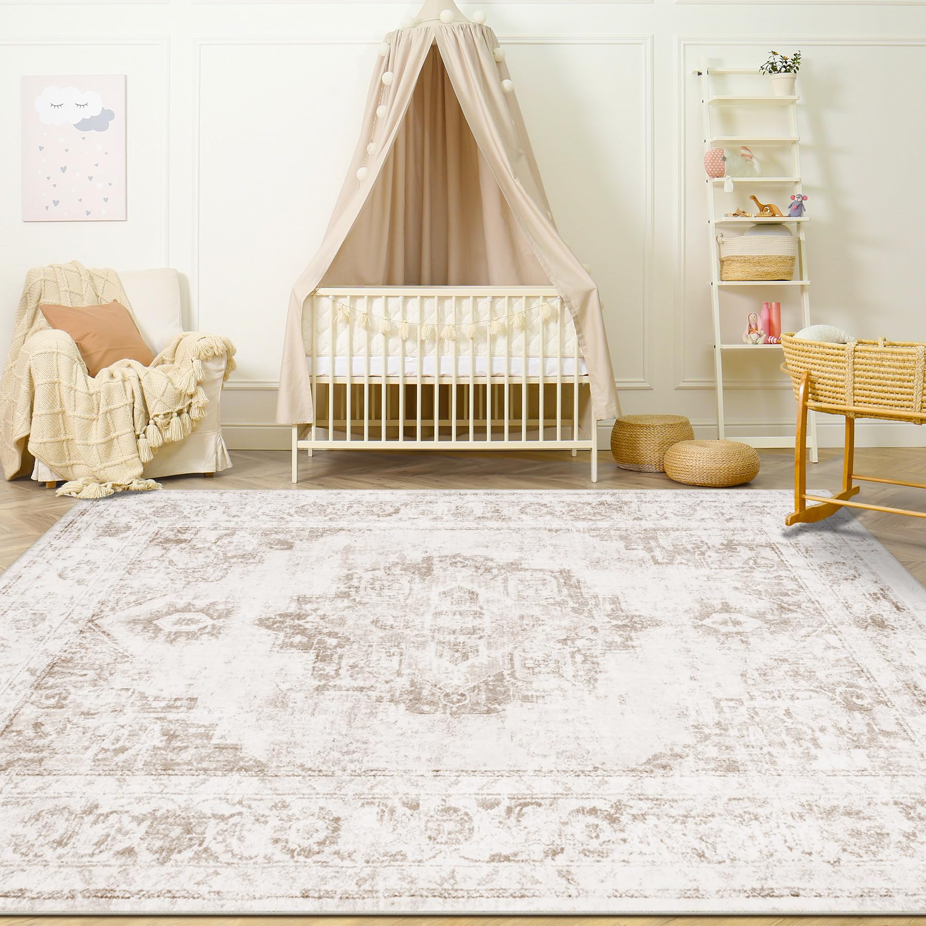 Photo 1 of Area Rug 4x6 Vintage Rug: Washable Indoor Medallion Rugs Low Pile Distressed Floor Carpet Retro Accent Rug for Living Room Bedroom Kitchen Dining Table Home Office(Beige, 4'x6')