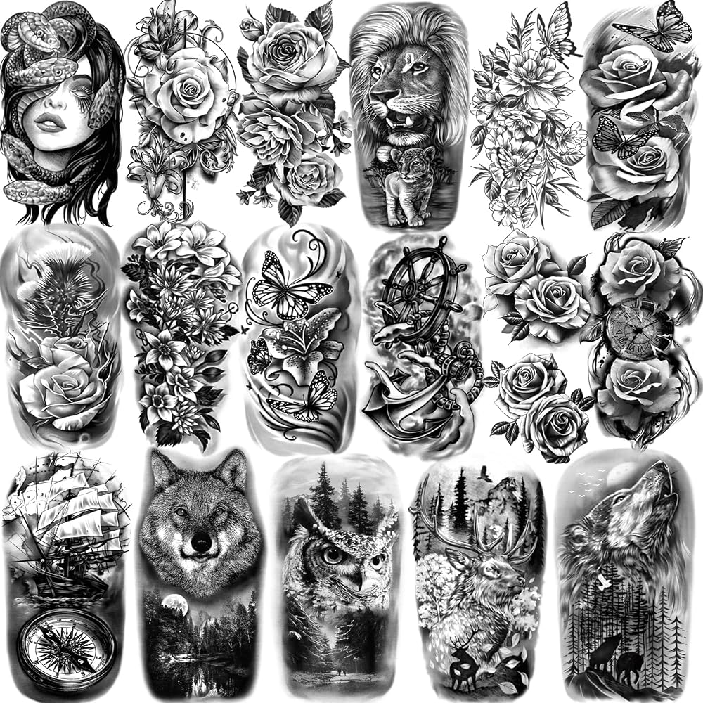 BASIFA 77 Sheets Temporary Tattoos for Women Men Realistic Lion Wolf Owl Snake