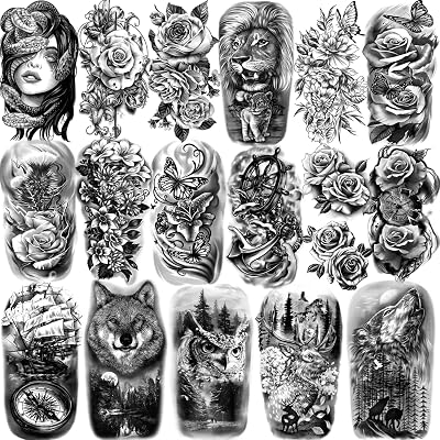 BASIFA 77 Sheets Temporary Tattoos for Women Men Realistic Lion Wolf Owl Snake