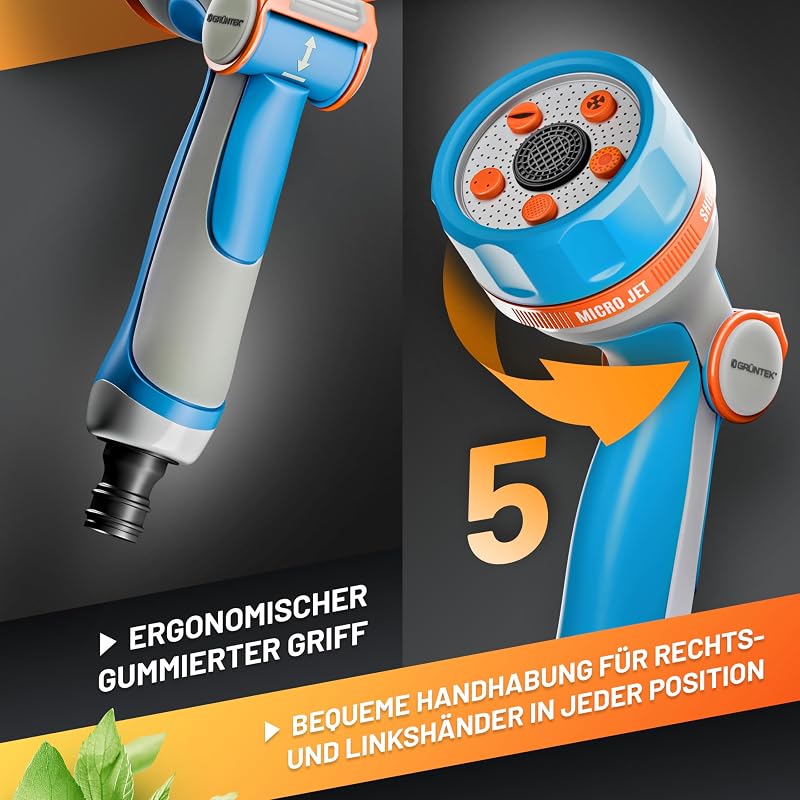 Ultraleichte Handbrause Garten Multibrause mit 5 Strahlarten, Gartenbrause mit ergonomischem Griff und komfortabler Daumensteuerung, universeller Schnellanschluss