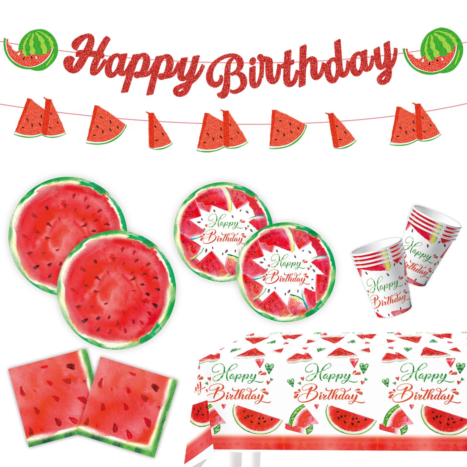 Photo 1 of Nicime Summer Watermelon Birthday Supplies, Cute Fruit Happy Birthday Tableware for Kid, Party Decoration Supplies with Banner, Tablecloth, Plate, Paper Cup, Napkin