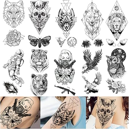 Amazon Co Jp Vantaty 10枚セット 幾何 スター タトゥーシール ライオン キング ギャング デス 頭脳 一時的 タトゥー ステッカー 男性向け トラ プラネット 熊 フクロウ 蛾 女性 アーム 防水 フェイク タトゥー 手首 アート 海ワシ Akガン 大人 Temporary Tattoo