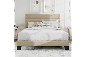 SHA CERLIN Queen Platform Bed Frame with Upholstered Fabric Headboard, Mattress Foundation with Strong Wooden Slats Support, No Box Spring Needed, Beige