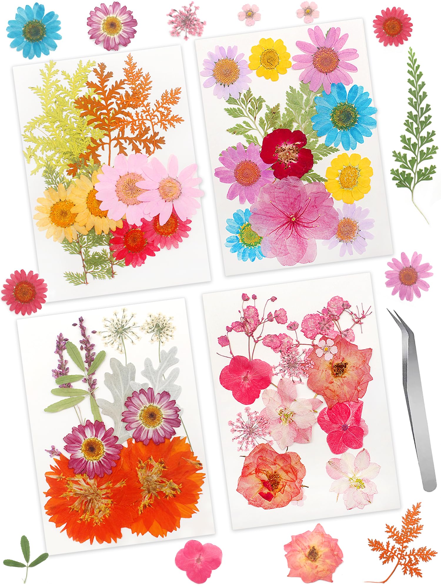 Cinvo 48 Pcs Real Dried Pressed Flowers and Leaves Natural Dried Petals Greenery with Tweezer for Candle Resin Jewelry Soap Nail Pendant Phone Case Crafts Making Floral Decors DIY Embellishments
