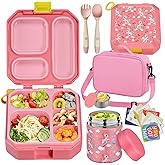 wiwens Bento Lunch Box for Kids with 12oz Soup Thermo Leak-Proof Lunch Food Container with 5 Compartment Thermo Hot Food Jar and Insulated Lunch Bag for Kid Toddler Girls Boys to School