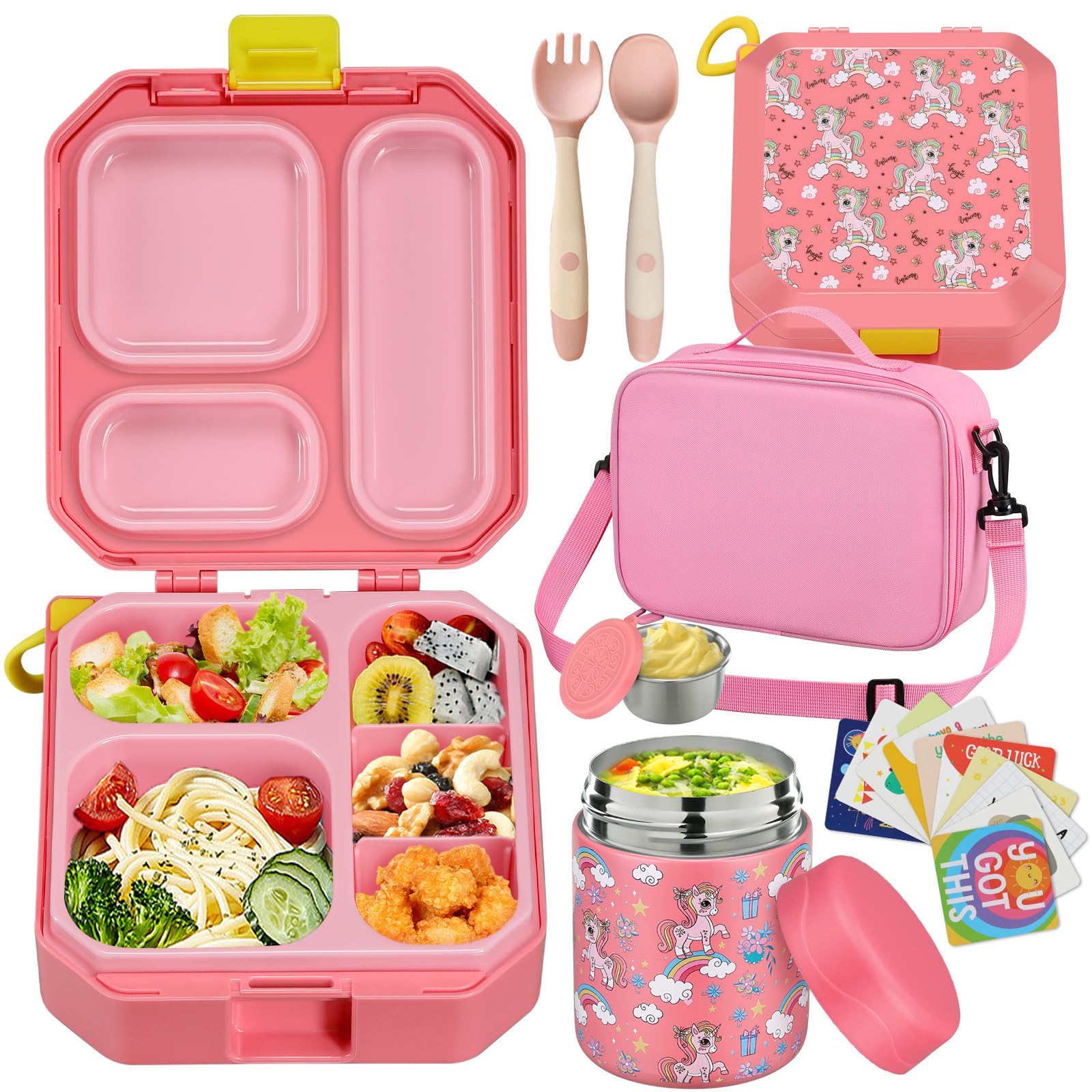 Photo 1 of wiwens Bento Lunch Box for Kids with 12oz Soup Thermo Leak-Proof Lunch Food Container with 5 Compartment Thermo Hot Food Jar and Insulated Lunch Bag for Kid Toddler Girls Boys to School