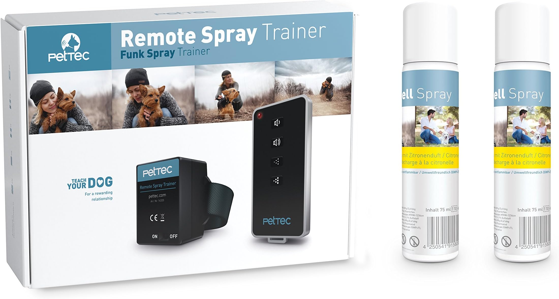 PetTec Remote Spray Anti-Bark Trainer Dog Collar with Sound Signal, Immediate Control, Safe for Dogs & Humans + 2 Refill Cans & Batteries Included (Citronella)