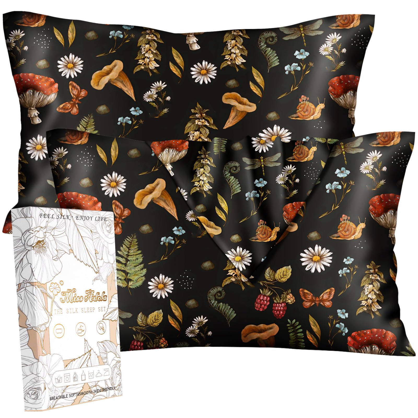 Miss Adola Silk Pillowcase 2 Pack - Pillow Cases 20" x 30" Queen Size Set of 2 for Hair and Skin Smooth Soft Breathable with Hidden Zipper Cooling Pillow Covers for Sleeping,Mushroom Plants
