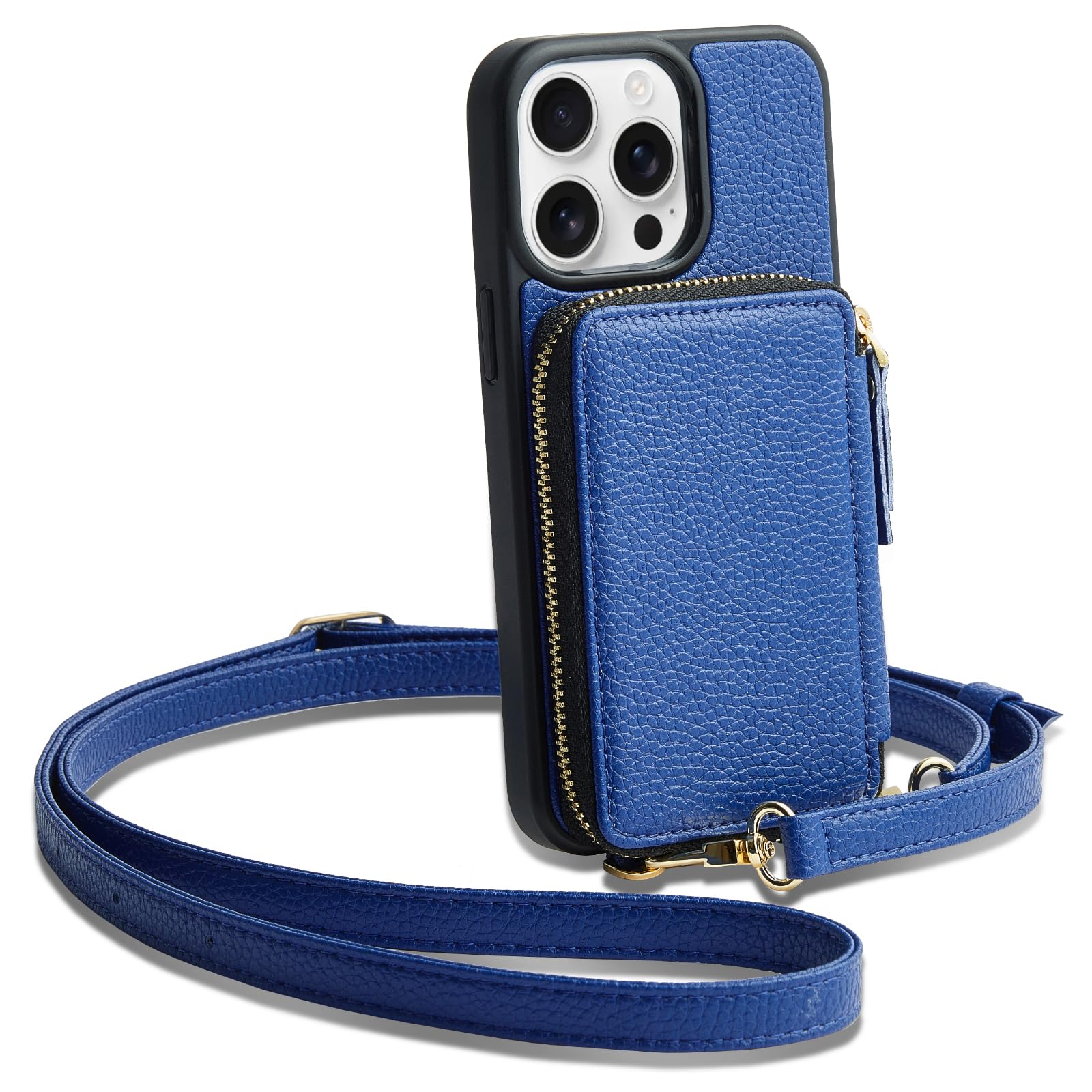 ZVE for iPhone 15 Pro Max Wallet Case, Crossbody, Card Holder Phone Purse for Women, RFID Blocking Zipper Leather Cover with Wrist Strap for iPhone 15 Pro Max (6.7 inch)- Navy Blue