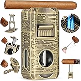 DXXULL Cigar Lighter, 7-in-1 Cigar Lighter Set: Dual-Flame Windproof, Visual Gas Window Adjustment, Built-in Dual Punch, V-Cu