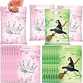 50 Pcs Pink and Green Witch Party Favor Bags, Wizard Themed Plastic Goodie Treat Bags with Handles, Witch Gift Bag for Princess Girls Women Castle Birthday Halloween Party Supplies Decorations