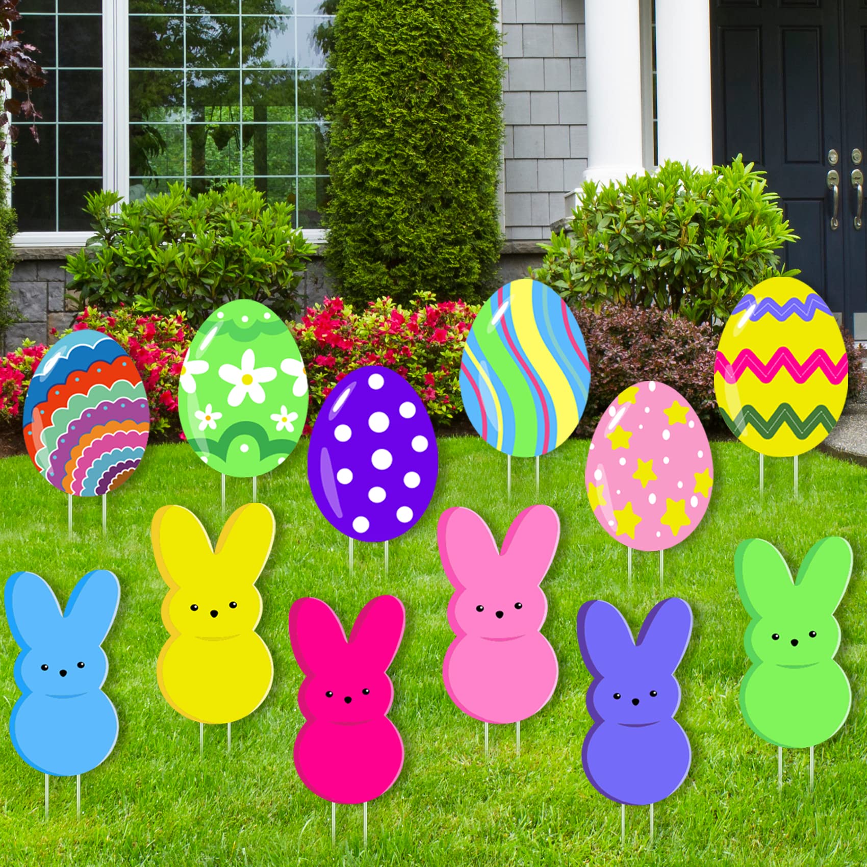 View 1 of 12PCS Easter Yard Signs and Outdoor Decorations - Bunny Eggs Yard Stakes for Party Supplies - Spring Decor Prop
