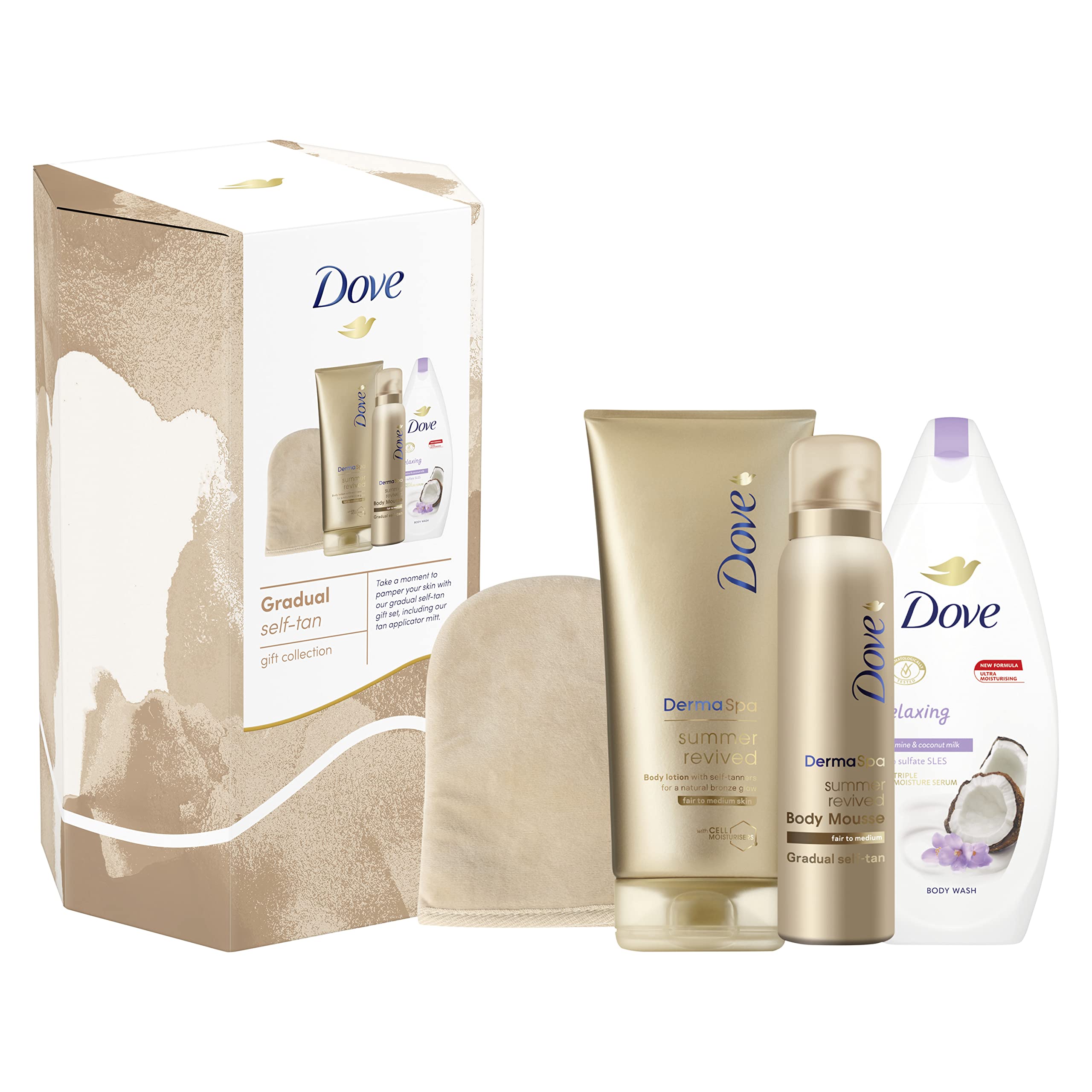 Dove Gradual Self-Tan Gift Collection with tanning applicator mitt Gift Set perfect gifts for her 3 piece, White